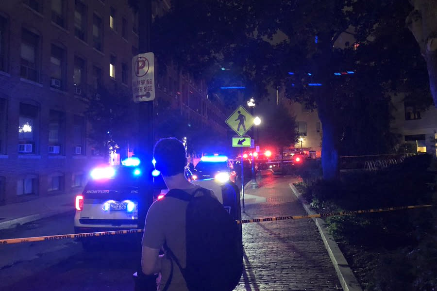 Police outside Northeastern University after a possible package explosion Tuesday. (@skytopjf via Twitter)
