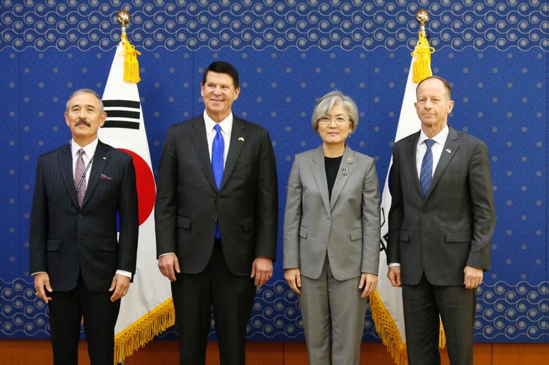 US Ambassador to Seoul Harry Harris, Keith Krach, under secretary for economic growth, energy and environment, David Stilwell, U.S. Assistant Secretary for East Asian and Pacific Affairs, and South Korea's Foreign Minister Kang Kyung-wha pose for photograp