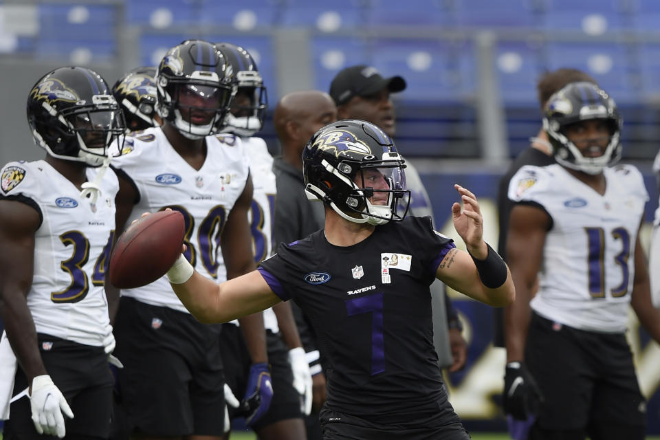 Baltimore Ravens quarterback Trace McSorley throws during NFL football training camp Saturday, July 31, 2021, in Baltimore. (AP Photo/Gail Burton)
