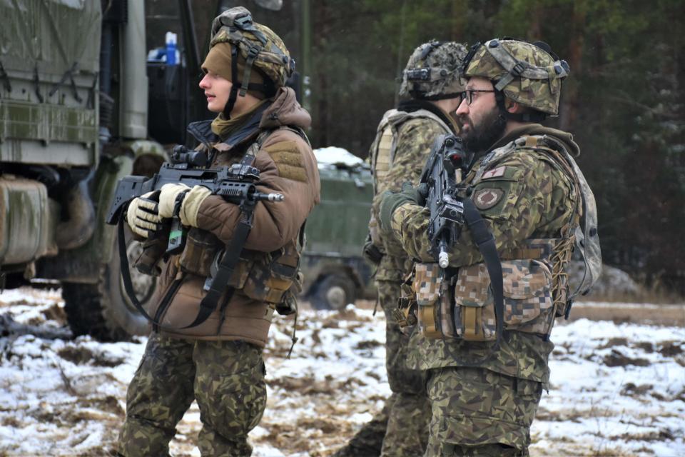 NATO supply soldiers prepare to move to the location of their next mission during Allied Spirit 22 military exercise on January 31, 2022, at Joint Multinational Readiness Center, Hohenfels Training Area, Germany - The US plans to deploy troops to fortify NATO forces in eastern Europe amid fears that Russia could invade Ukraine (US DEPARTMENT OF STATE/AFP via G)