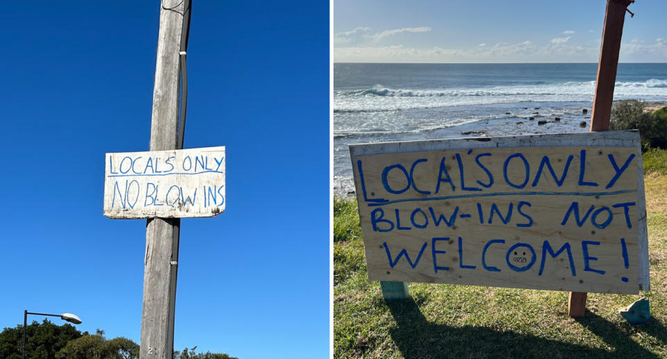 Left, a sign attached to a poll reads 'Locals Only - No Blow ins'. The right image shows a sign with similar sentiment, warding off visitors from the surf. 