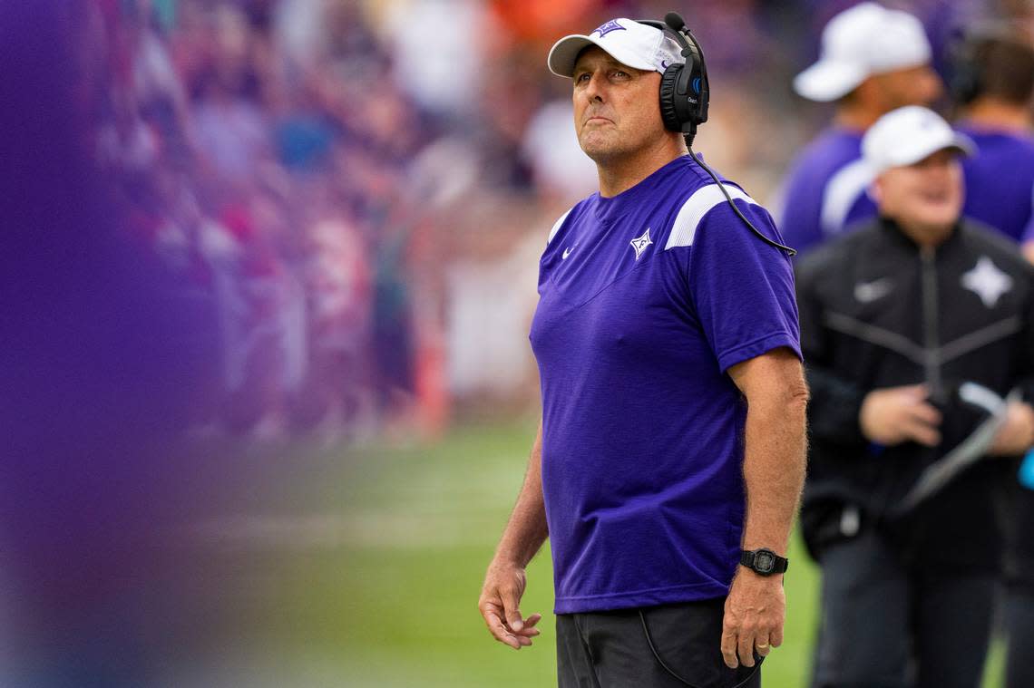 Furman Paladins head coach Clay Hendrix looks on in the second quarter during an NCAA college football game against the Clemson Tigers in Clemson, S.C., Saturday, Sept. 10, 2022.