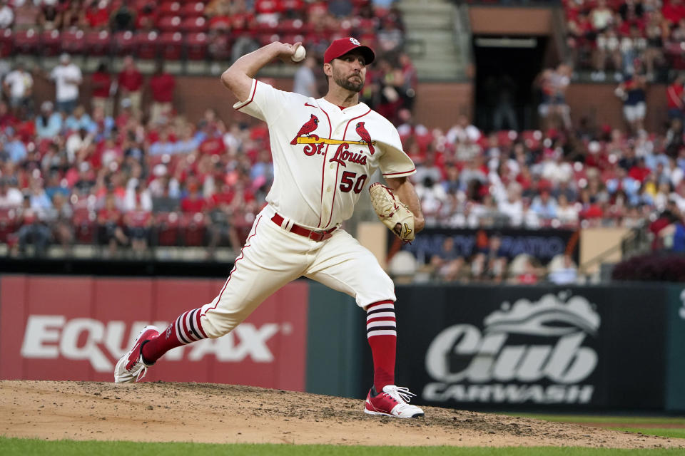 St. Louis Cardinals starting pitcher Adam Wainwright throws during the sixth inning of a baseball game against the Milwaukee Brewers Saturday, Aug. 13, 2022, in St. Louis. (AP Photo/Jeff Roberson)