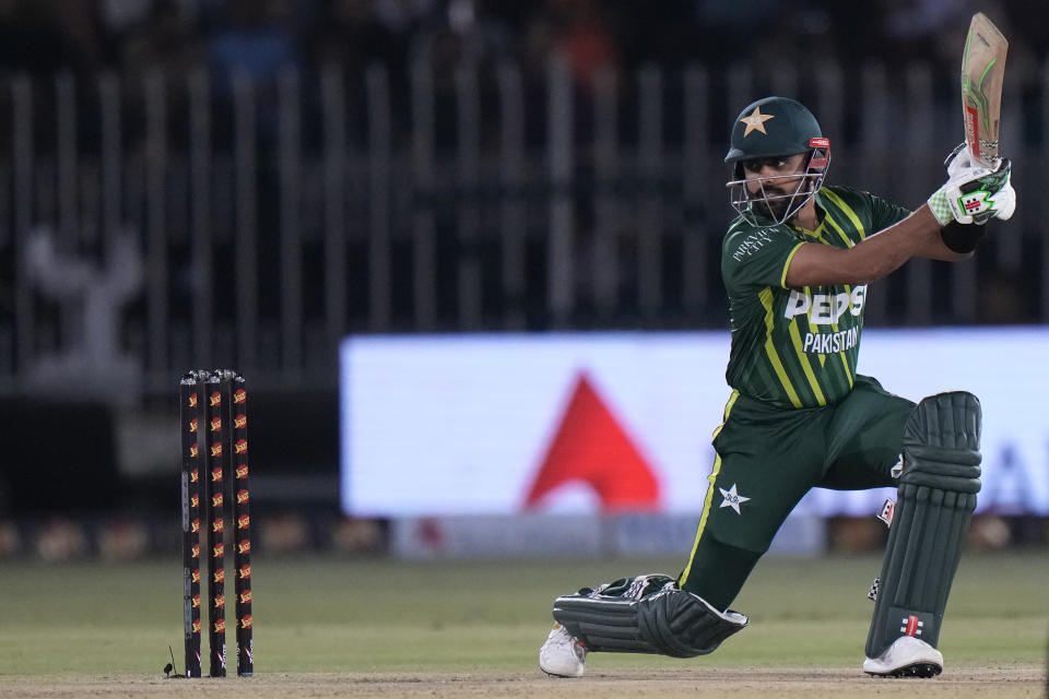 Pakistan's Babar Azam plays a shot during the second T20 international cricket match between Pakistan and New Zealand, in Rawalpindi, Pakistan, Saturday, April 20, 2024. (AP Photo/Anjum Naveed)