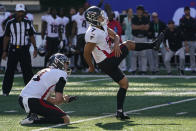 Atlanta Falcons kicker Younghoe Koo (7) kicks the game-winning field goal during the first half of an NFL football game against the New York Giants, Sunday, Sept. 26, 2021, in East Rutherford, N.J. (AP Photo/Seth Wenig)