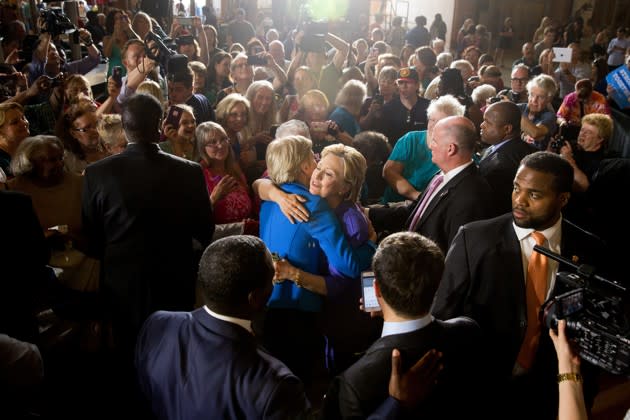 Democratic presidential candidate Hillary Clinton hugs Senator Elizabeth Warren after speaking together at a rally in Cincinnati on Monday. Andrew Harnik / AP
