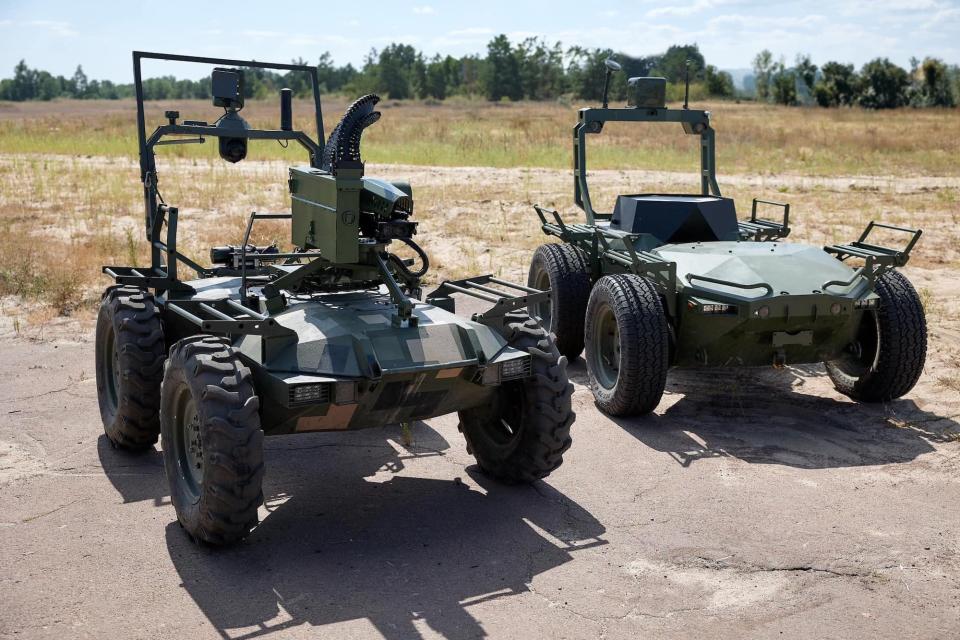 Two Ukrainian drones — one mounted with what appears to be a turret, and one without.