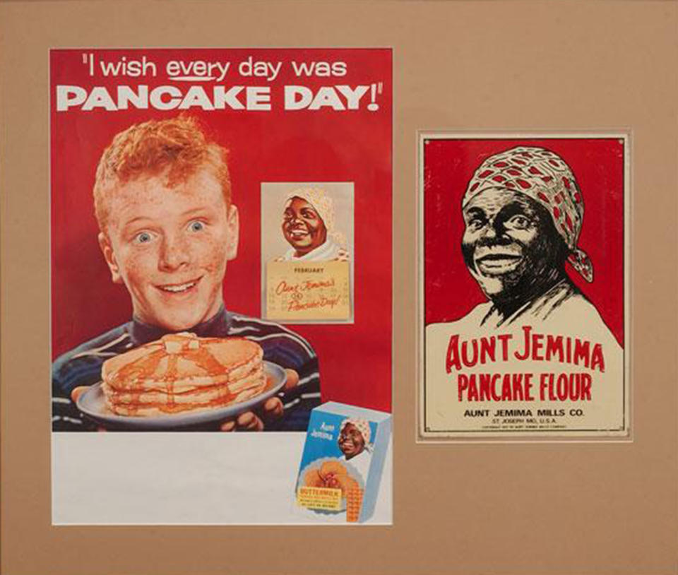 Vintage Aunt Jemima advertisements from the mid 20th century featured a darker skinner woman wearing a kerchief wrap. (Jim Crow Museum of Racist Memorabilia)