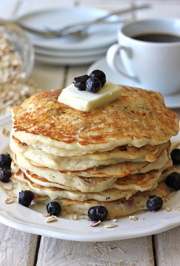 <strong>Get the <a href="http://damndelicious.net/2012/10/18/blueberry-oatmeal-yogurt-pancakes/">Blueberry Oatmeal Yogurt Pancakes recipe</a>&nbsp;from Damn Delicious</strong>