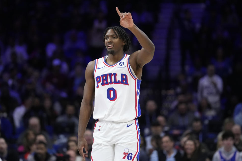 Philadelphia 76ers' Tyrese Maxey reacts after blocking a dunk by Indiana Pacers' Buddy Hield during the second half of an NBA basketball game, Sunday, Nov. 12, 2023, in Philadelphia. (AP Photo/Matt Slocum)