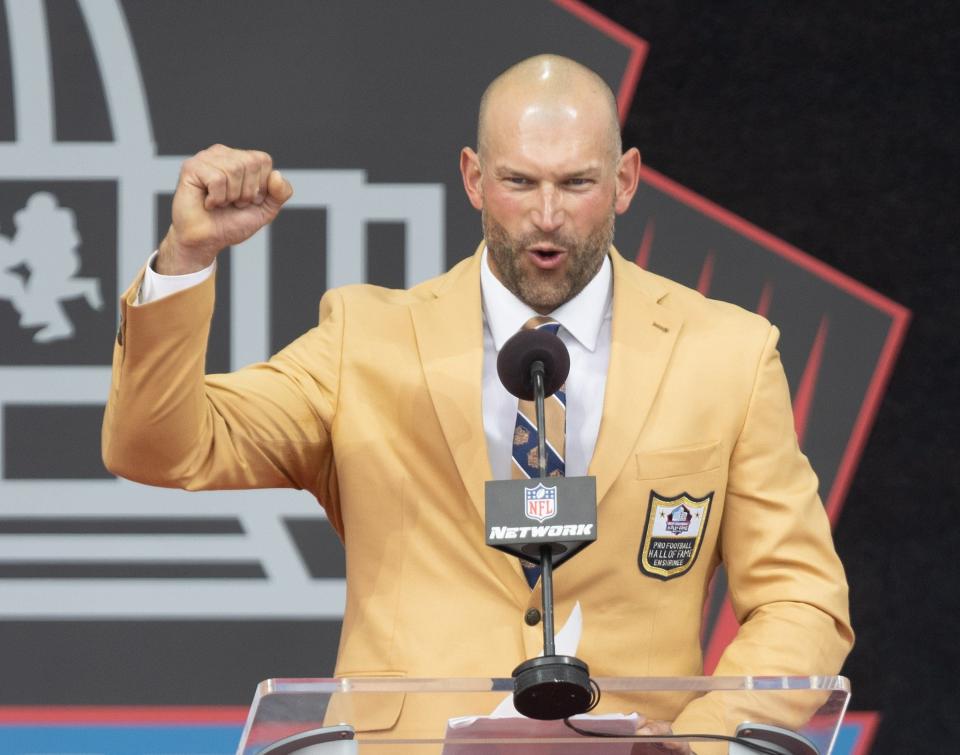 Joe Thomas delivers his speech during the Pro Football Hall of Fame Enshrinement on Aug. 5 in Canton.