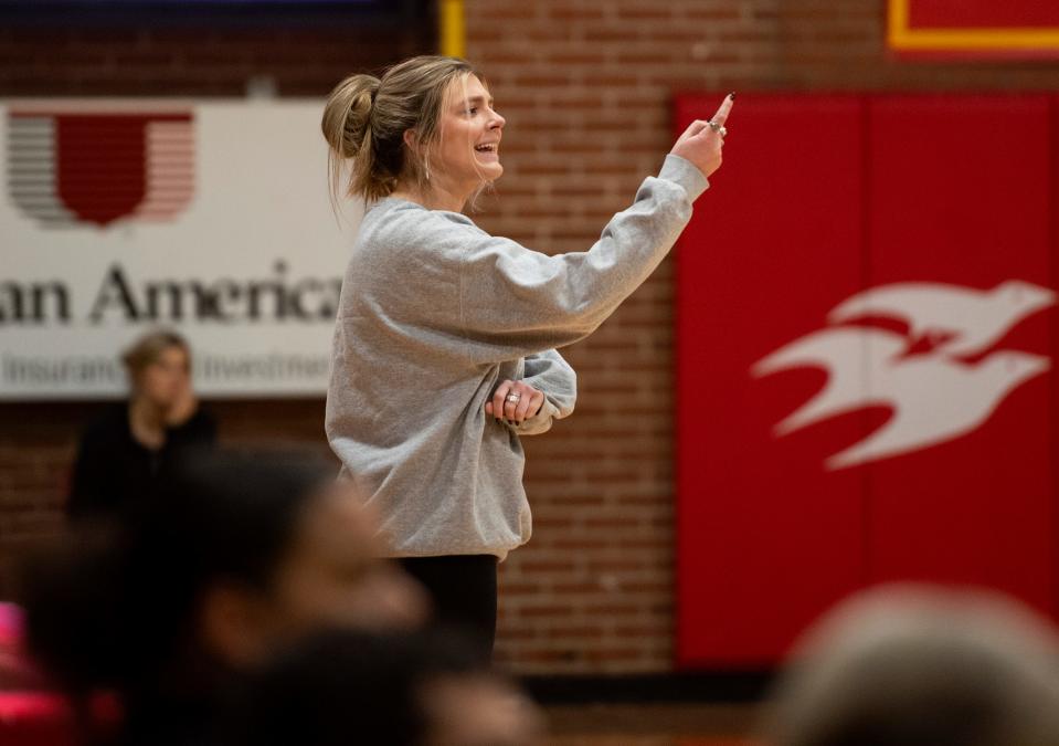 Mater Dei Junior Varsity Head Coach Maura Muensterman calls out as the Wildcats play the Central Bears at home Thursday, Jan. 18, 2024.