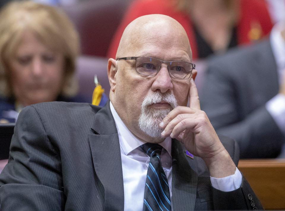 Representing Indiana House District 41, Tim Brown, Republican, on the first day of the Indiana legislative session, Indiana Statehouse, Indianapolis, Monday, Jan. 6, 2020. 