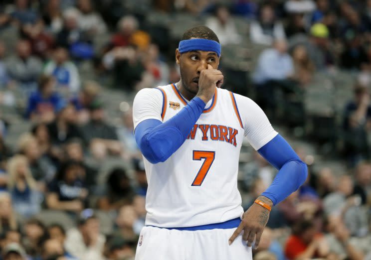 Carmelo Anthony scratches his eye. (AP)