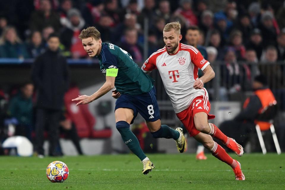 Konrad Laimer stuck closely to Martin Odegaard in the second leg (Arsenal FC via Getty Images)