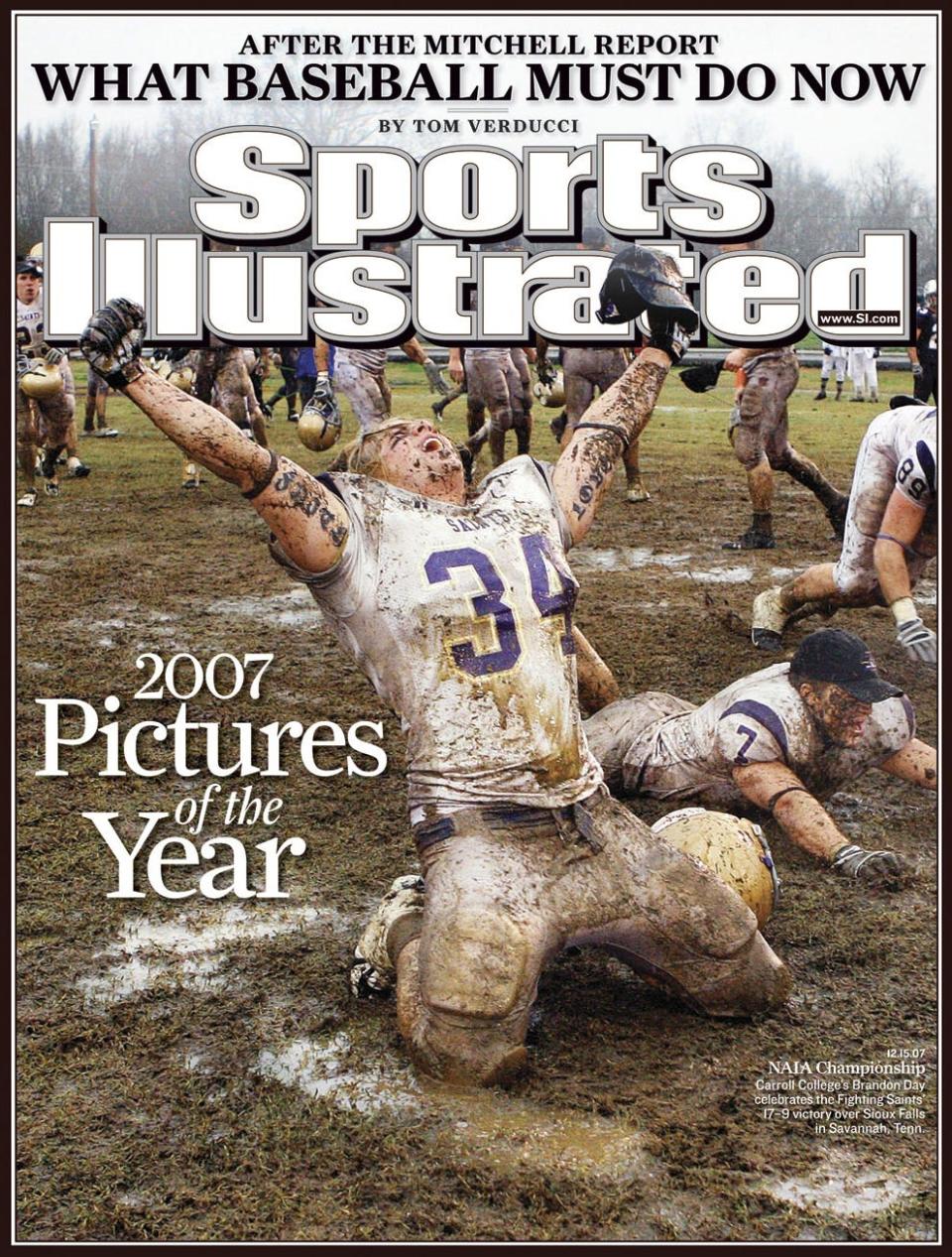 The cover of Sports Illustrated's 2007 Picture of the Year issue, features a triumphant Carroll College junior linebacker Brandon Day, kneeling in the mud at Jim Carroll Stadium in Savannah, Tenn., celebrating Carroll's 17-9 win Dec. 15, 2007, over the University of Sioux Falls for the NAIA college football championship. The photo was shot by AP contract photographer John Russell.