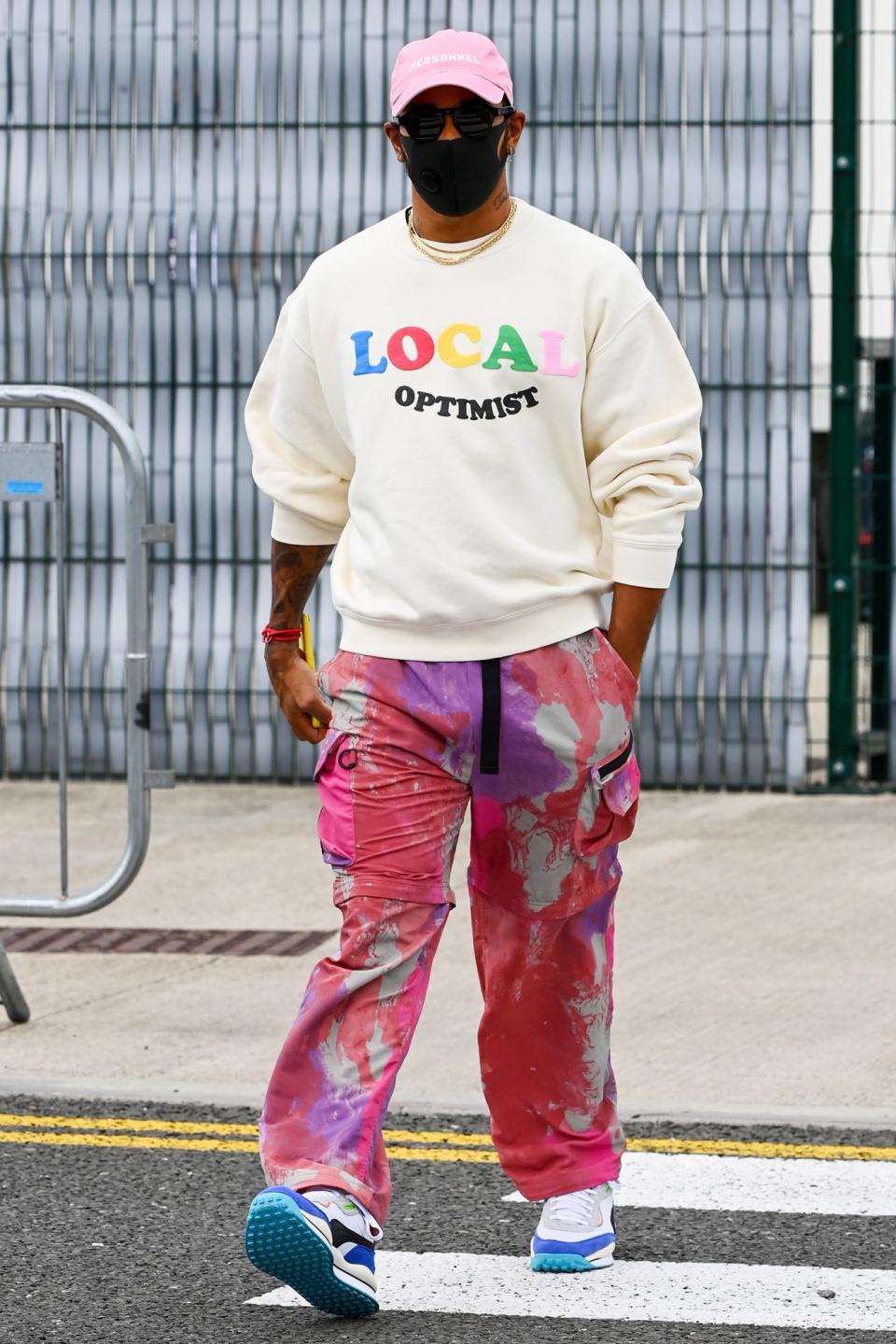 <p>Lewis Hamilton rocks a rainbow’s worth of colors at the Formula One 70th Anniversary Grand Prix at Silverstone Circuit on Thursday in Silverstone, Great Britain. </p>