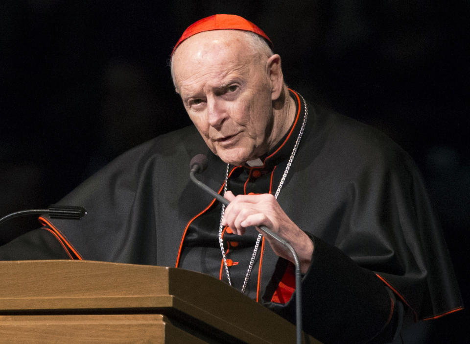 FILE - In this March 4, 2015, file photo, Cardinal Theodore McCarrick speaks during a memorial service in South Bend, Ind. James Grein alleged Thursday. Dec. 5, 2019 in a lawsuit filed under a recently enacted New Jersey law that he told Pope John Paul II in 1988 about being sexually abused as a child by the priest who would become Cardinal Theodore McCarrick but that the Vatican did nothing — claims he also made in a lawsuit this summer in New York. (Robert Franklin/South Bend Tribune via AP, Pool, File)