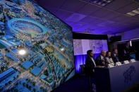 FILE - Kansas City Royals baseball team officials and their consultants talk about proposals for a new stadium to replace Kaufmann Stadium which has been home to the team for more than 50 years during a news conference, Tuesday, Aug. 22, 2023, in Kansas City, Mo. The proposal to build a new Royals stadium closer to downtown Kansas City spurred thousands of fans to join a Facebook site rallying to keep the current stadium. The hefty public financing forms part of their objection. (AP Photo/Charlie Riedel, File)