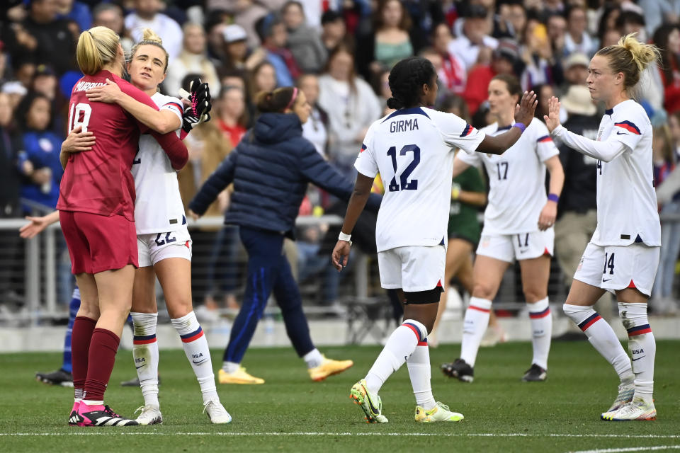 U.S. players celebrate a 1-0 win against Japan in a SheBelieves Cup soccer match Sunday, Feb. 19, 2023, in Nashville, Tenn. (AP Photo/Mark Zaleski)