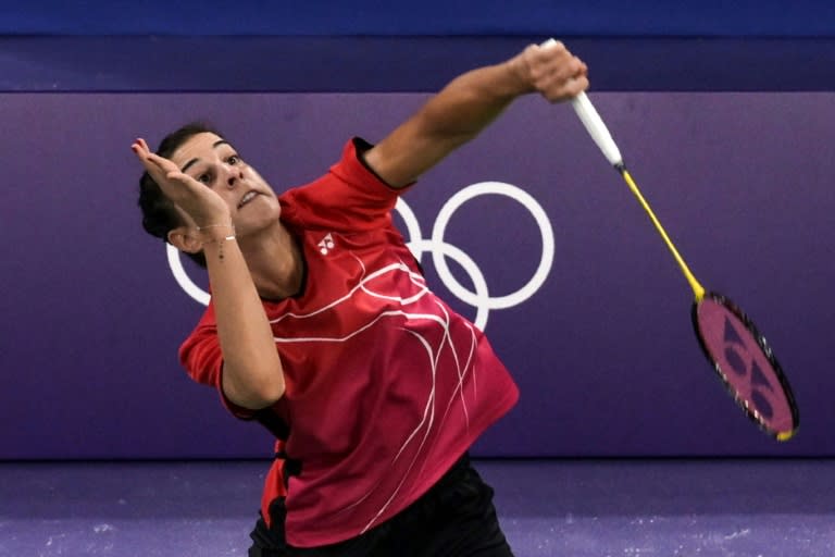 La jugadora de bádminton española Carolina Marín entrena en la Arena Porte de Chapelle como preparación a los Juegos Olímpicos de París-2024, el 23 de julio de 2024 en París. (Arun SANKAR)