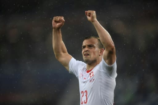 Xherdan Shaqiri celebrates Switzerland's victory against Serbia in World Cup Group E