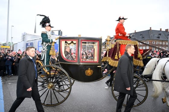 Queen Margrethe II of Denmark rides in a gold carriage as she is escorted to Christiansborg Castle for her abdication on Jan. 14. 2024.<span class="copyright">Nils Meilvang/Ritzau Scanpix—Getty Images</span>