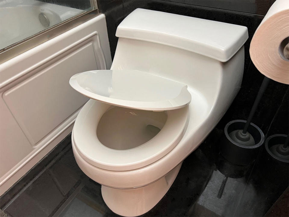 Modern toilet seat with a soft-close seat. 