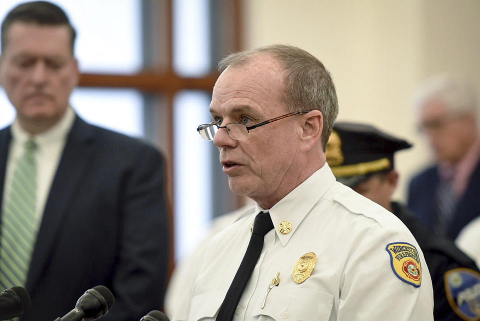 Worcester, Mass. Fire Chief Michael J. Lavoie speaks during a news conference where Worcester District Attorney Joseph D. Early Jr. announced an arrest in the death of Firefighter Christopher Roy Friday March 15, 2019. (Ashley Green/Worcester Telegram & Gazette via AP)
