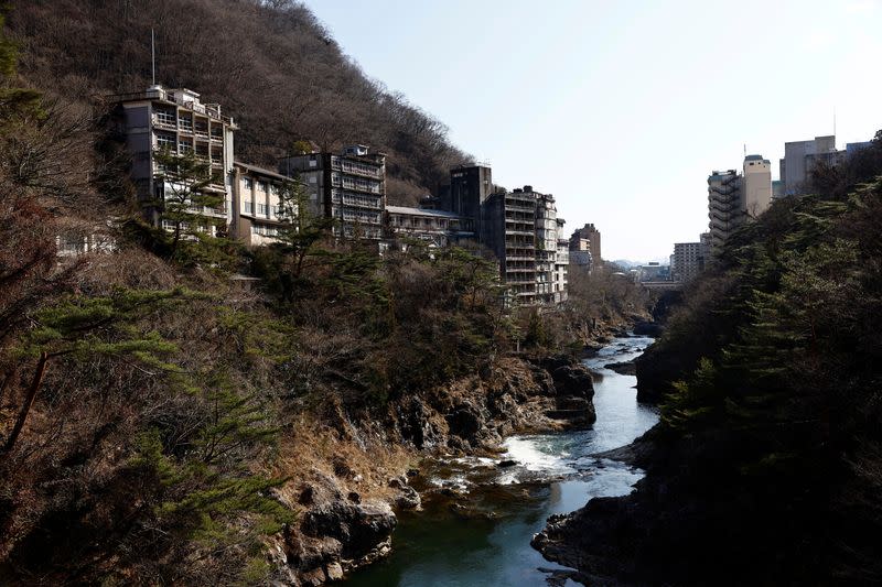 A view shows derelict hotels or hot spring inns abandoned after the bubble economy burst in the early 1990s, at Kinugawa Onsen resort in Nikko