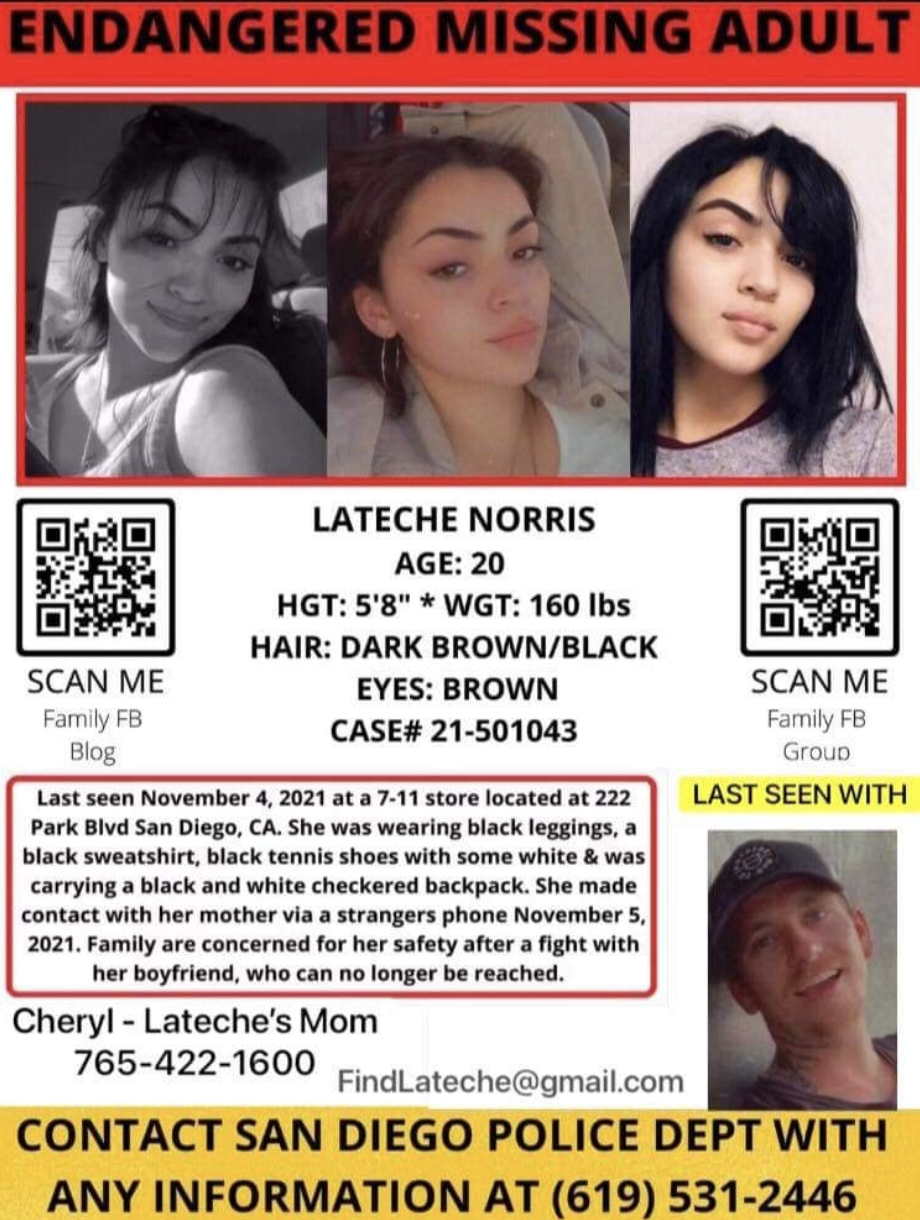 The missing person's poster featuring Lateche. 