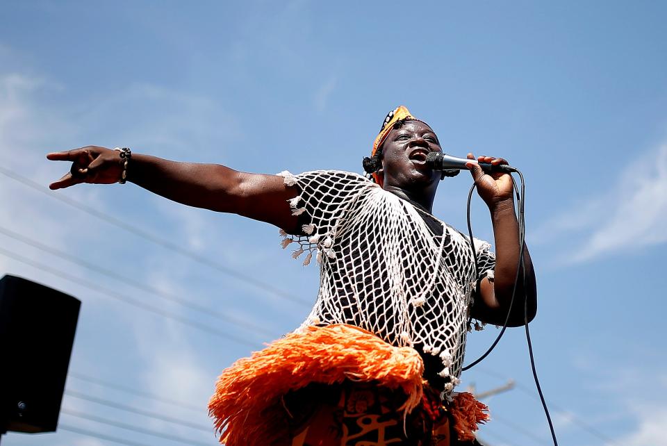 Eric Kab, known as Kaberic, teaches the crowd a West Africa dance, Warba, during last year's Juneteenth on the East in Oklahoma City.