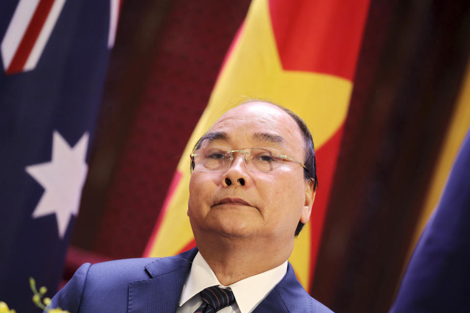 Vietnamese Prime Minister Nguyen Xuan Phuc speaks during a press briefing at the Government Office in Hanoi, Friday, Aug. 23, 2019. (AP Photo/Duc Thanh, Pool)