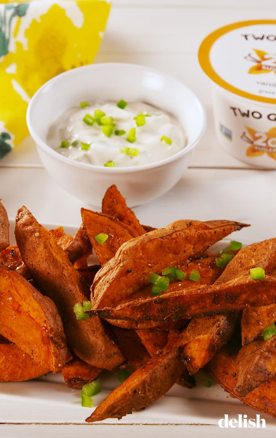 Roasted Sweet Potato Wedges with Sweet and Spicy Yogurt Dipping Sauce