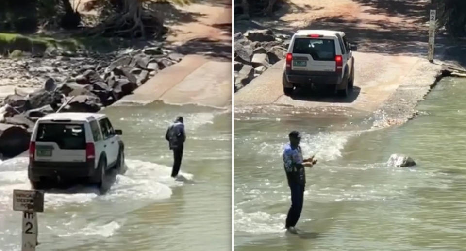 The 4WD passes behind the fisherman before being stopped by one of the crocs. Source: Kaff Eine Paints