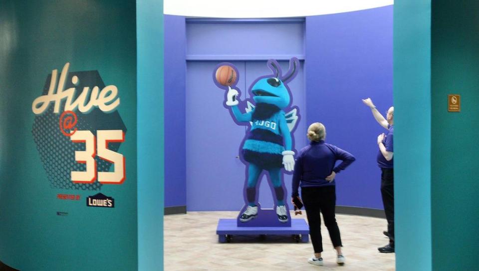 Part of the Charlotte Museum of History’s new exhibit celebrating the Hornets’ 35th anniversary features the team mascot, Hugo.