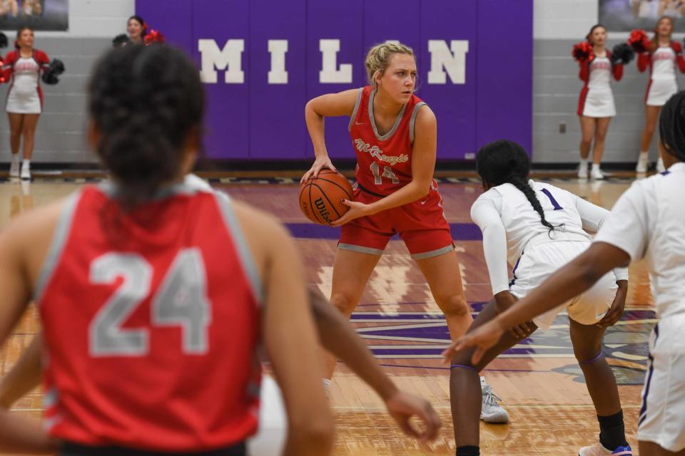 McKenzie's Savannah Davis (14) surveys the court during the TSSAA Girls Basketball match between McKenzie vs Milan in Milan, Tenn., on Tuesday, Feb.6, 2024.