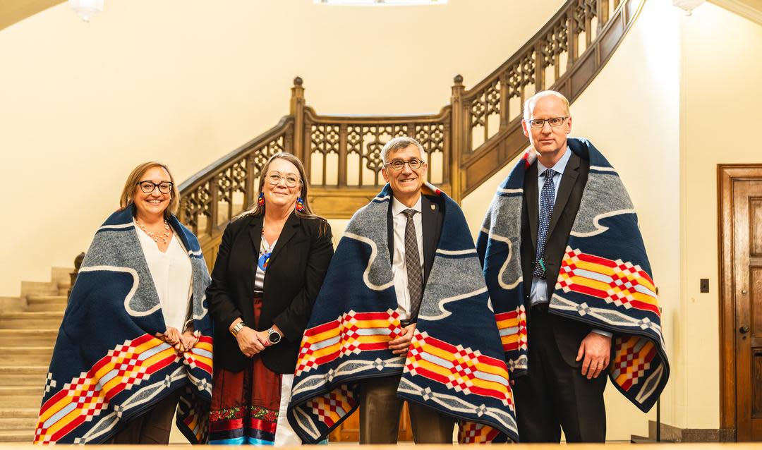 From left: Lehig University College of Health Dean Beth Dolan, President of Delaware Nation Deborah Dotson, President Joseph J. Helble ’82 and Provost Nathan Urban after exchanging gifts. (photo/Lehig News)