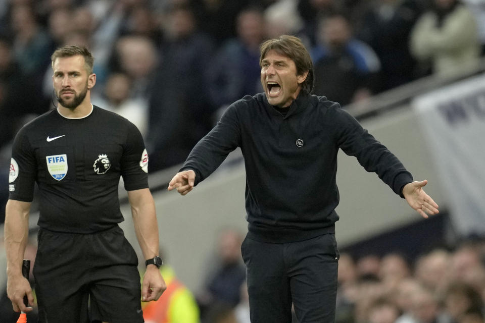 Tottenham's head coach Antonio Conte gestures during the English Premier League soccer match between Tottenham Hotspur and Everton at the Tottenham Hotspur Stadium in London, England, Saturday, Oct. 15, 2022. (AP Photo/Kin Cheung)