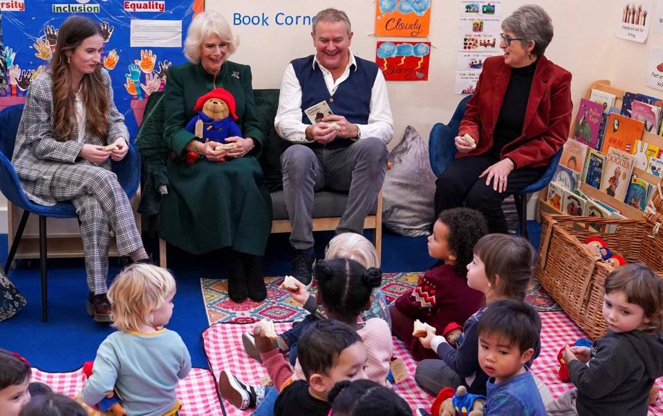 Camilla and Hugh Bonneville at Barnardo's nursery - Arthur Edwards/AFP