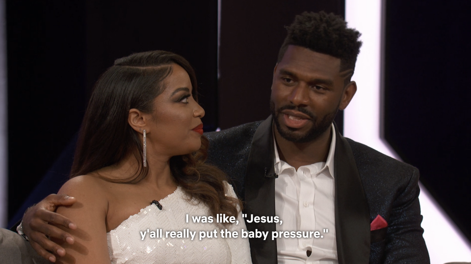 Tiffany and Brett with caption, "I was like, 'Jesus, y'all really put the baby pressure"