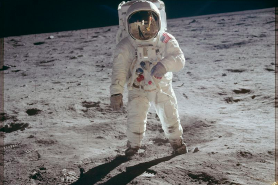 Astronaut Edwin E. Aldrin Jr., lunar module pilot, walks on the surface of the moon near the leg of the Lunar Module (LM) “Eagle” during the Apollo 11 extravehicular activity (EVA) in this July 20, 1969 NASA handout photo.