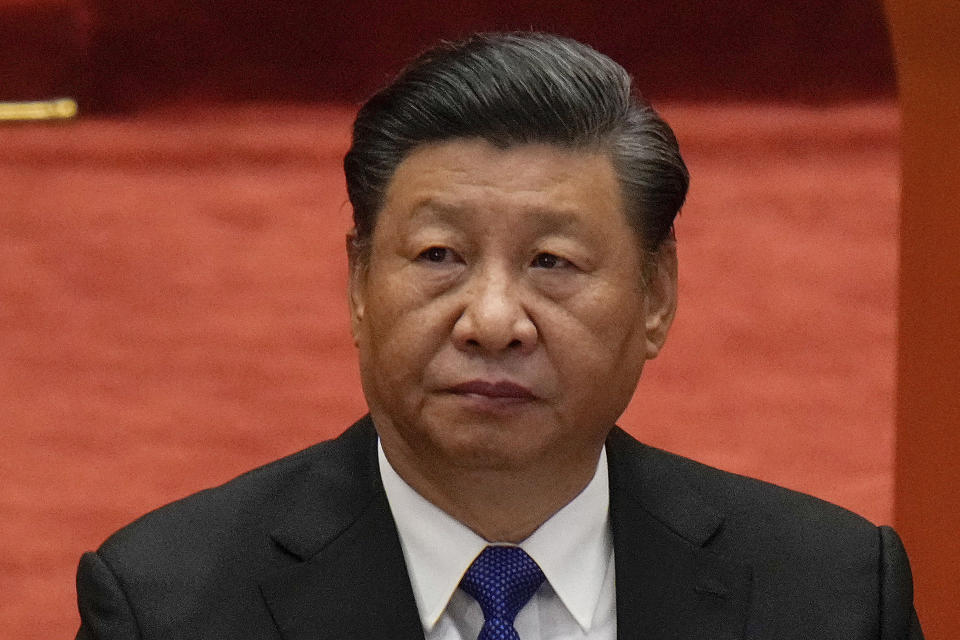 FILE - Chinese President Xi Jinping attends an event commemorating the 110th anniversary of Xinhai Revolution at the Great Hall of the People in Beijing on Oct. 9, 2021. Chinese leader Xi Jinping says his country will not seek dominance over Southeast Asia or bully its smaller neighbors, amid ongoing friction over the South China Sea. (AP Photo/Andy Wong, File)