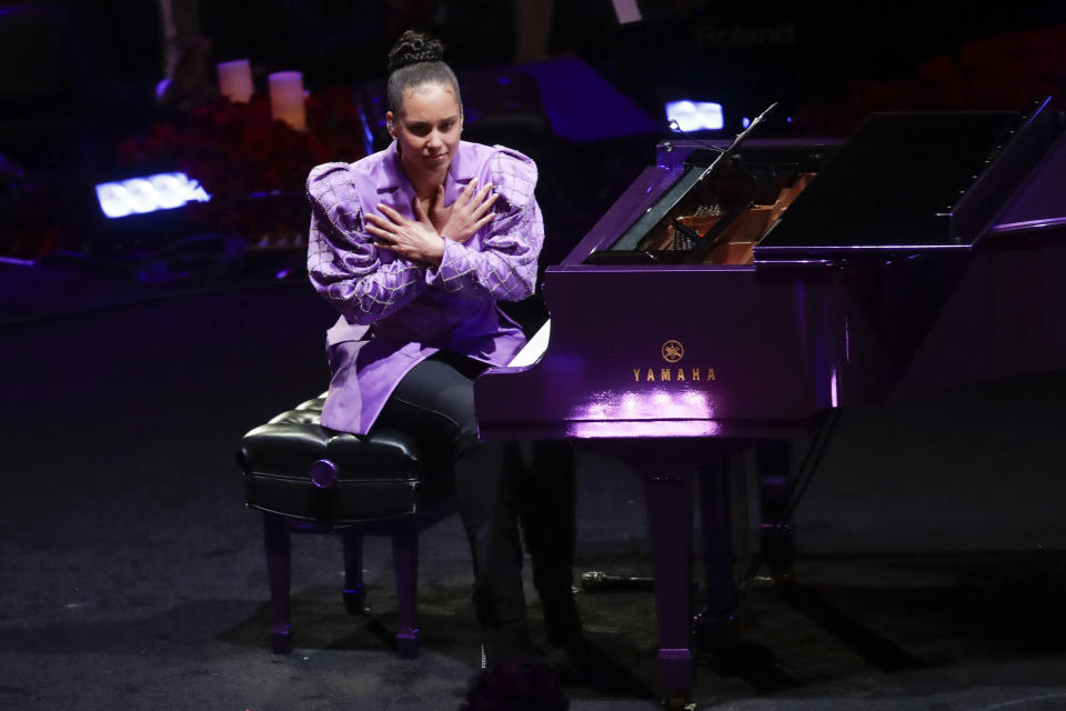 Alicia Keys reacts after performing during a celebration of life for Kobe Bryant and his daughter Gianna Monday, Feb. 24, 2020, in Los Angeles. (AP Photo/Marcio Jose Sanchez)