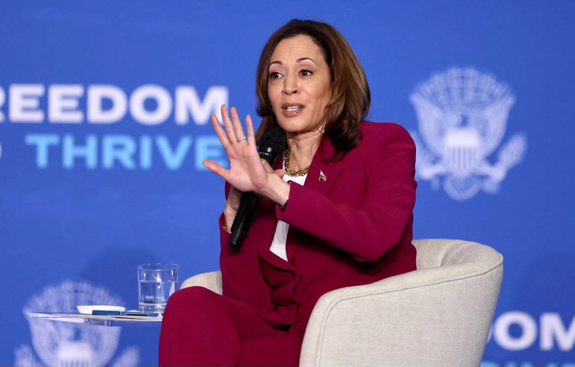 Vice President Kamala Harris speaks during her Economic Opportunity Tour at Johnson C. Smith University in Charlotte on Tuesday, June 12, 2024. This will be her fifth visit to the state this year and her 13th since being sworn in.