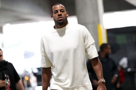 May 20, 2019; Portland, OR, USA; Golden State Warriors guard Andre Iguodala (9) makes his way into Moda Center to play Portland Trail Blazers in game four of the Western conference finals of the 2019 NBA Playoffs. Mandatory Credit: Jaime Valdez-USA TODAY Sports