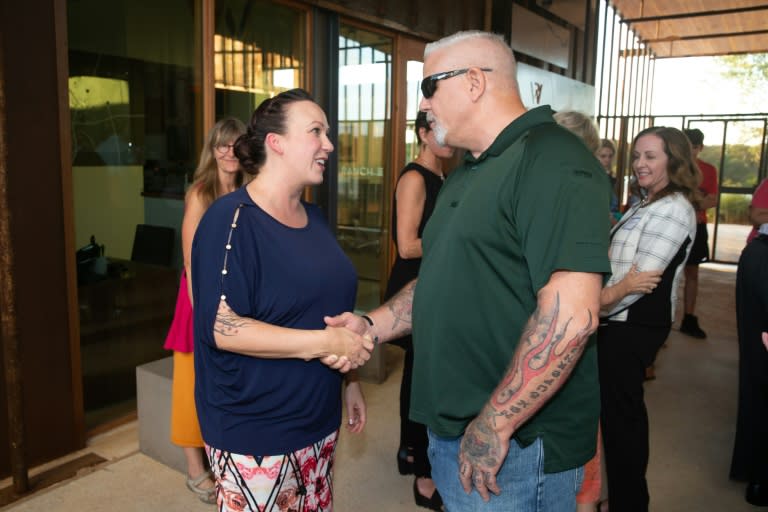 MJ Hegar, Texas Democratic Candidate for US Representative District 31, speaks to voters at an event September 15, 2018 at The Den at Wolf Ranch in Georgetown, Texas