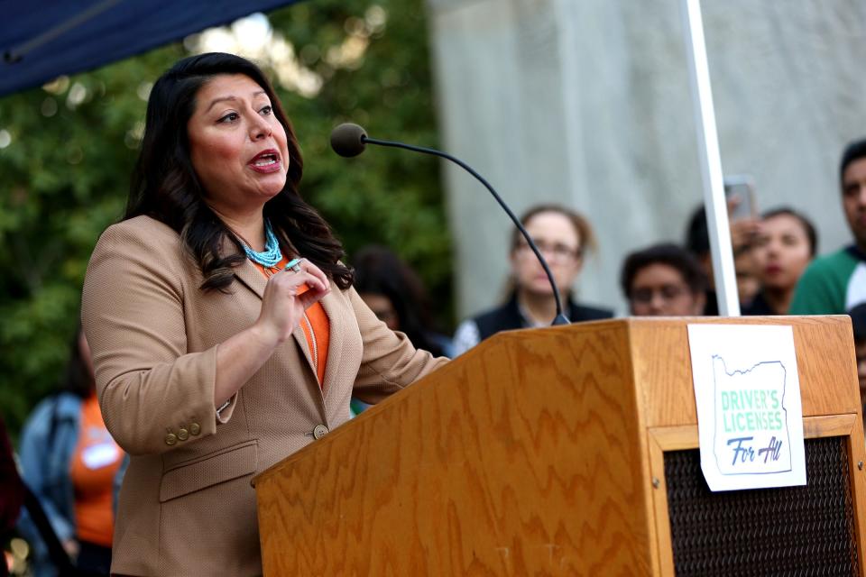 Rep. Teresa Alonso Leon, D-Woodburn, speaks in support of the Equal Access to Roads Act at the Oregon State Capitol in Salem on March 25, 2019. The bill would allow non-citizens to obtain drivers licenses.