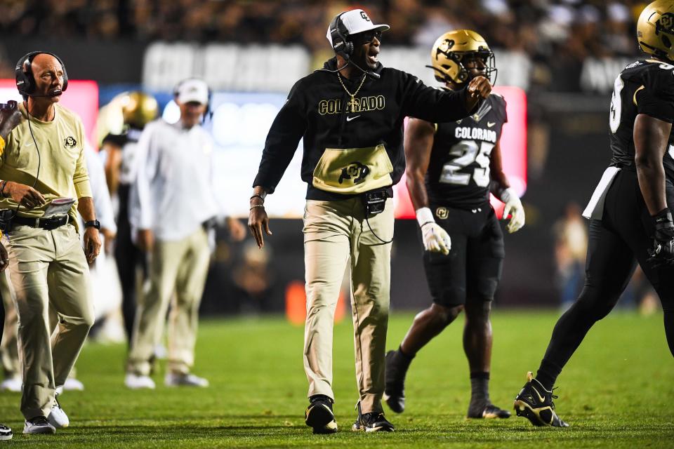 Colorado head coach Deion Sanders protests a call during a college football game against Colorado State at Folsom Field on Saturday, Sep. 16, 2023, in Boulder, Colo.