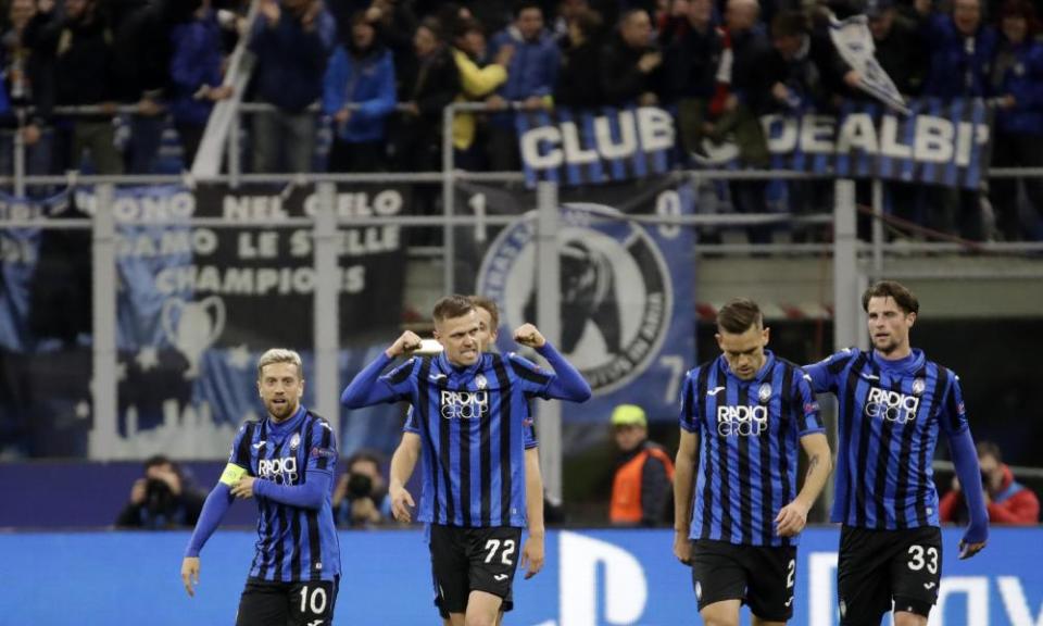 Josip Ilicic celebrates after scoring for Atalanta in their Champions League last-16 first-leg tie against Valencia at San Siro in February. Experts believe the game is one of the main reasons why Bergamo became one of the focuses of the coronavirus pandemic.